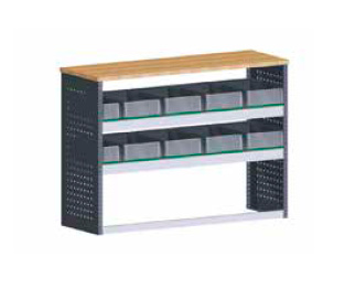 Kuvassa BOTT UNO ajoneuvokalustehylly työtasolla, 90cm korkea