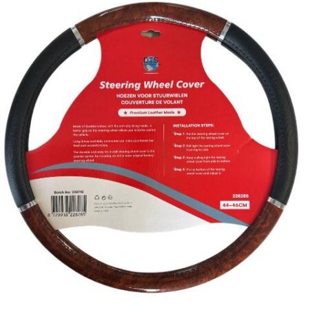 Mustan ja Jalopuun värinen ohjauspyörän suojus 44-46 cm halkaisijaltaan oleviin ohjauspyöriin.